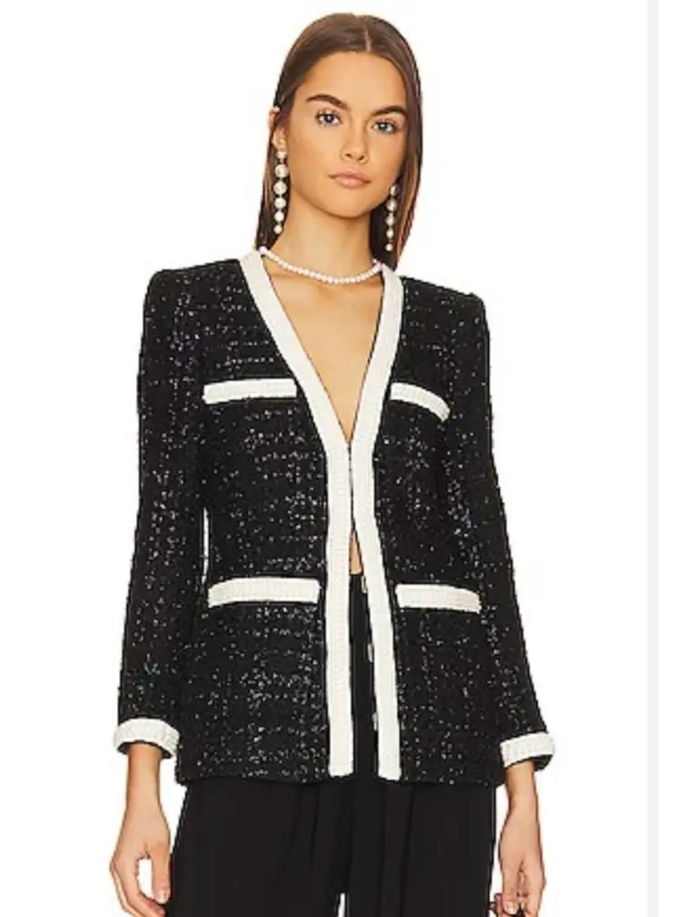 Veronica Beard Black Tweed Jacket with Ivory Pearl Trim